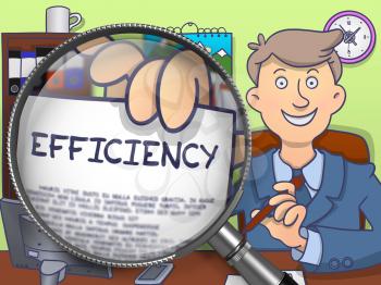 Man Holds Out a Text on Paper Efficiency. Closeup View through Magnifying Glass. Multicolor Doodle Illustration.