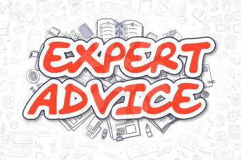 Expert Advice - Sketch Business Illustration. Red Hand Drawn Word Expert Advice Surrounded by Stationery. Doodle Design Elements. 