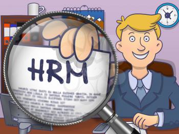 HRM - Human Resource Management - on Paper in Businessman's Hand through Magnifier to Illustrate a Business Concept. Multicolor Modern Line Illustration in Doodle Style.