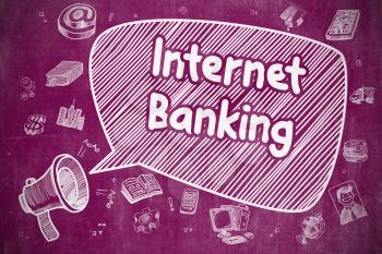 Business Concept. Horn Speaker with Phrase Internet Banking. Cartoon Illustration on Purple Chalkboard. 