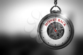 Money Back Close Up of Red Text on the Pocket Watch Face. Money Back on Vintage Watch Face with Close View of Watch Mechanism. Business Concept. 3D Rendering.