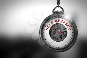 Business Concept: Vintage Pocket Clock with Self-Respect - Red Text on it Face. Self-Respect Close Up of Red Text on the Vintage Pocket Watch Face. 3D Rendering.