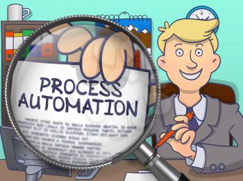 Officeman in Office Workplace Showing a Paper with Inscription Process Automation. Closeup View through Lens. Multicolor Doodle Illustration.