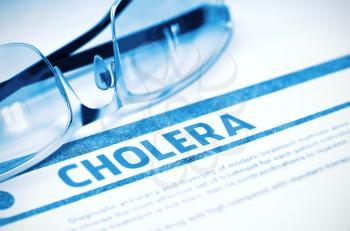 Cholera - Printed Diagnosis on Blue Background and Eyeglasses Lying on It. Medical Concept. Blurred Image. 3D Rendering.