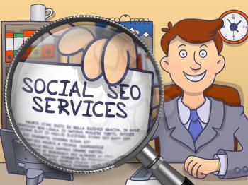 Businessman Showing a Paper with Text Social SEO Services. Closeup View through Magnifying Glass. Multicolor Modern Line Illustration in Doodle Style.