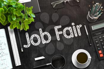 Job Fair - Black Chalkboard with Hand Drawn Text and Stationery. Top View. 3d Rendering. Toned Image.