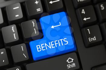 Benefits Written on a Large Blue Key of a Modern Laptop Keyboard. 3D Illustration.