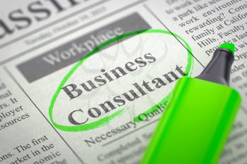 A Newspaper Column in the Classifieds with the Jobs Section Vacancy of Business Consultant, Circled with a Green Highlighter. Blurred Image with Selective focus. Job Seeking Concept. 3D Render.
