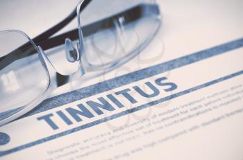 Tinnitus - Medicine Concept on Blue Background with Blurred Text and Composition of Specs. Tinnitus - Medicine Concept with Blurred Text and Glasses on Blue Background. Selective Focus. 3D Rendering.