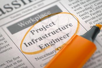 Project Infrastructure Engineer. Newspaper with the Jobs, Circled with a Orange Highlighter. Blurred Image. Selective focus. Hiring Concept. 3D Illustration.