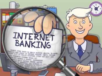 Internet Banking. Paper with Concept in Officeman's Hand through Lens. Multicolor Modern Line Illustration in Doodle Style.