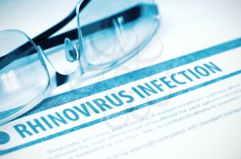 Rhinovirus Infection - Medical Concept on Blue Background with Blurred Text and Composition of Pair of Spectacles. 3D Rendering.