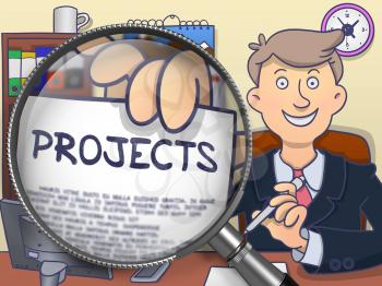 Projects on Paper in Businessman's Hand to Illustrate a Business Concept. Closeup View through Lens. Colored Doodle Style Illustration.
