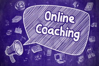 Shouting Mouthpiece with Text Online Coaching on Speech Bubble. Cartoon Illustration. Business Concept. Business Concept. Bullhorn with Phrase Online Coaching. Doodle Illustration on Blue Chalkboard. 