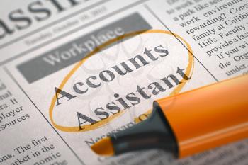 Accounts Assistant. Newspaper with the Small Advertising, Circled with a Orange Marker. Blurred Image. Selective focus. Hiring Concept. 3D Illustration.