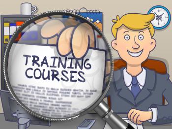 Business Man Showing Paper with Concept Training Courses. Closeup View through Lens. Colored Doodle Illustration.