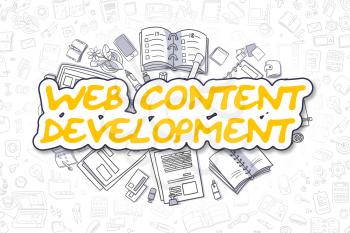 Doodle Illustration of Web Content Development, Surrounded by Stationery. Business Concept for Web Banners, Printed Materials. 