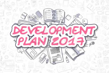 Business Illustration of Development Plan 2017. Doodle Magenta Word Hand Drawn Doodle Design Elements. Development Plan 2017 Concept. 