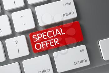 Concept of Special Offer, with Special Offer on Red Enter Keypad on Slim Aluminum Keyboard. 3D Render.