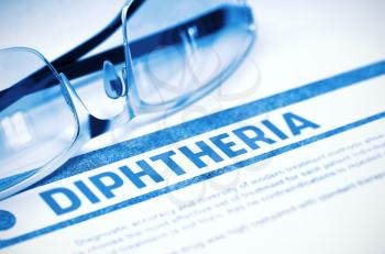 Diagnosis - Diphtheria. Medicine Concept with Blurred Text and Glasses on Blue Background. Selective Focus. 3D Rendering.