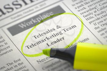 Telesales and Telemarketing Team Leader - Small Advertising in Newspaper, Circled with a Yellow Marker. Blurred Image. Selective focus. Hiring Concept. 3D.