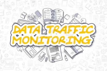 Data Traffic Monitoring - Sketch Business Illustration. Yellow Hand Drawn Text Data Traffic Monitoring Surrounded by Stationery. Doodle Design Elements. 