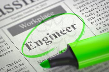 Engineer - Vacancy in Newspaper, Circled with a Green Highlighter. Blurred Image. Selective focus. Concept of Recruitment. 3D Rendering.