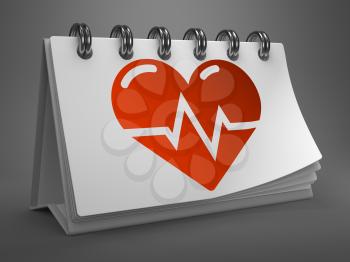 Red Icon of Heart with Cardiogram Line on White Desktop Calendar Isolated on Gray Background. Medical Concept.