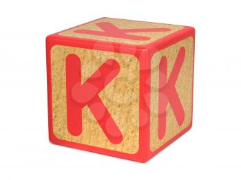 Letter K on Red Wooden Childrens Alphabet Block  Isolated on White. Educational Concept.