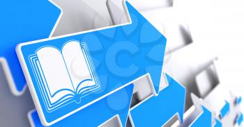 Open Book Icon on Blue Arrow on a Grey Background. Educational Concept