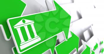Icon of  Building with Columns on Green Arrow on a Grey Background.