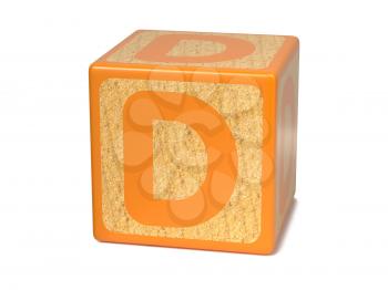 Letter D on Orange Wooden Childrens Alphabet Block  Isolated on White. Educational Concept.