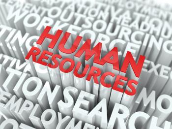 Human Resources - Word in Red Color Surrounded by a Cloud of Words Gray. Wordcloud Concept.