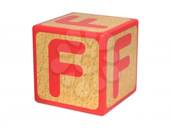 Letter F on Red Wooden Childrens Alphabet Block  Isolated on White. Educational Concept.