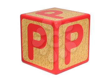 Letter P on Red Wooden Childrens Alphabet Block  Isolated on White. Educational Concept.