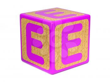 Letter E on Pink Wooden Childrens Alphabet Block  Isolated on White. Educational Concept.