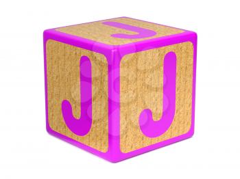 Letter J on Pink Wooden Childrens Alphabet Block  Isolated on White. Educational Concept.