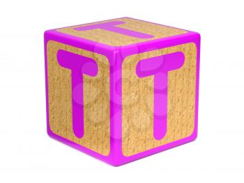 Letter T on Pink Wooden Childrens Alphabet Block  Isolated on White. Educational Concept.