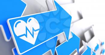 Icon of Heart with Cardiogram Line on Blue Arrow on a Grey Background.