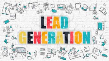 Lead Generation Concept. Lead Generation Drawn on White Brick Wall. Lead Generation in Multicolor. Modern Style Illustration. Doodle Design Style of Lead Generation. Line Style Illustration. 