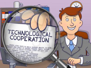 Technological Cooperation. Cheerful Officeman Sitting in Offiice and Showing Paper with Concept through Magnifier. Multicolor Doodle Style Illustration.