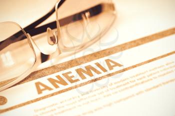 Anemia - Medicine Concept on Red Background with Blurred Text and Composition of Spectacles. Anemia - Medical Concept with Blurred Text and Spectacles on Red Background. Selective Focus. 3D Rendering.