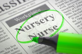 A Newspaper Column in the Classifieds with the Jobs Section Vacancy of Nursery Nurse, Circled with a Green Marker. Blurred Image with Selective focus. Concept of Recruitment. 3D Illustration.