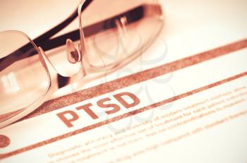 Diagnosis - PTSD - Posttraumatic Stress Disorder. Medicine Concept with Blurred Text and Eyeglasses on Red Background. Selective Focus. 3D Rendering.