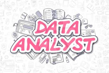 Magenta Inscription - Data Analyst. Business Concept with Doodle Icons. Data Analyst - Hand Drawn Illustration for Web Banners and Printed Materials. 