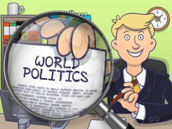 Businessman Sitting in Offiice and Showing Text on Paper World Politics. Closeup View through Magnifying Glass. Colored Modern Line Illustration in Doodle Style.