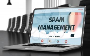 Closeup Spam Management Concept on Landing Page of Laptop Display in Modern Meeting Hall. Toned Image. Blurred Background. 3D Render.