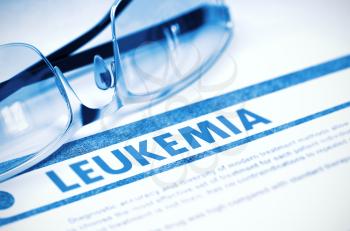 Leukemia - Medical Concept with Blurred Text and Pair of Spectacles on Blue Background. Selective Focus. 3D Rendering.