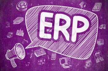 Business Concept. Mouthpiece with Text ERP - Enterprise Resource Planning. Cartoon Illustration on Purple Chalkboard. 
