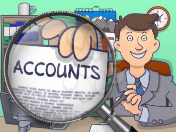 Officeman Shows Paper with Text Accounts. Closeup View through Lens. Multicolor Modern Line Illustration in Doodle Style.